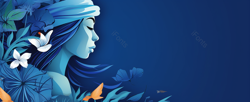 缠着发带的女人花朵立体剪纸蓝色背景图,插画/手绘图,插画/手绘图库,插画/手绘图下载,插画/手绘
